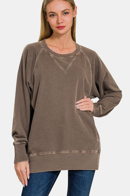 Pigment Dyed French Terry Sweatshirt w/Pockets - Brown