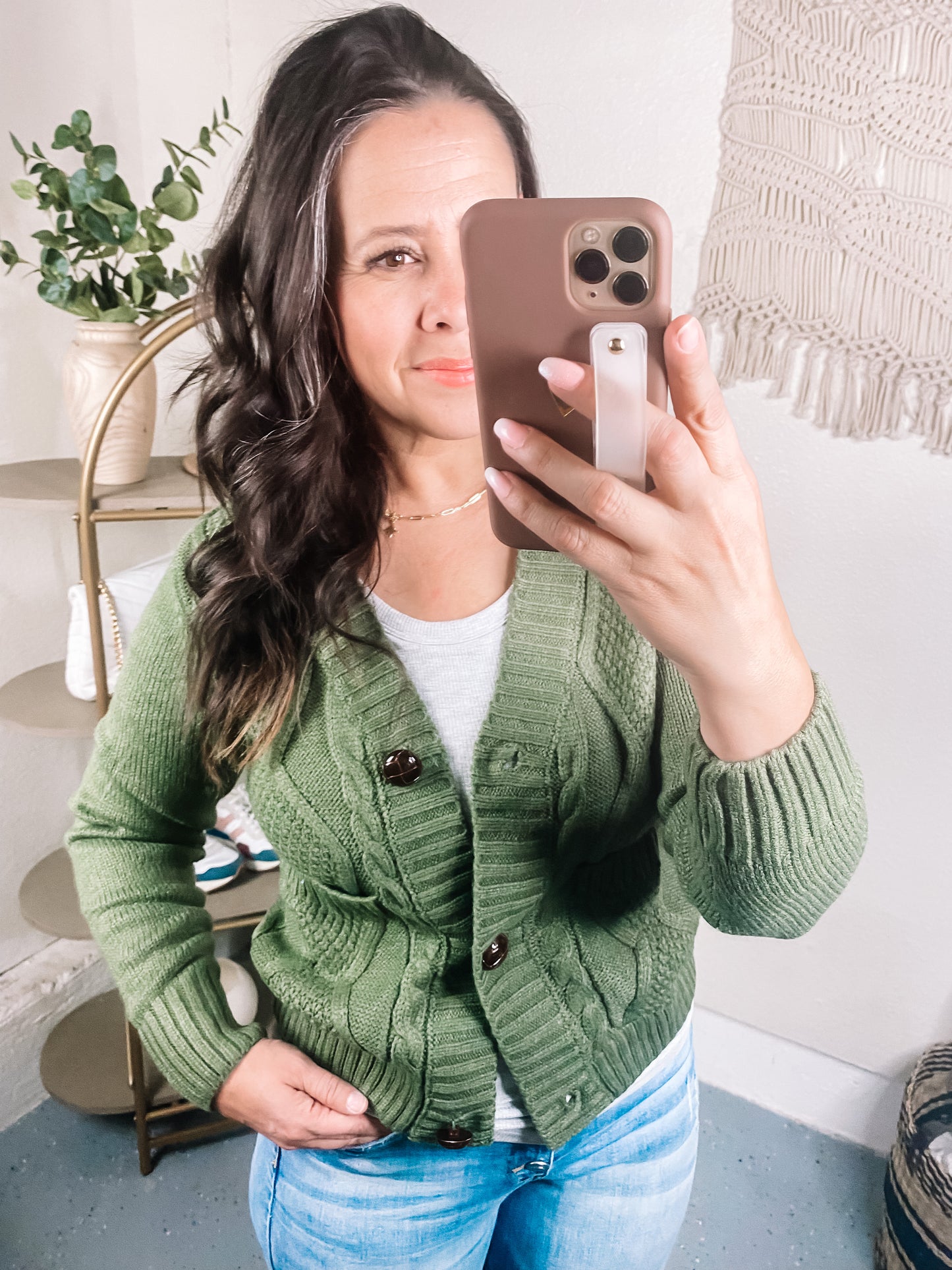 Climbing Vine Cable Knit Cardigan in Green