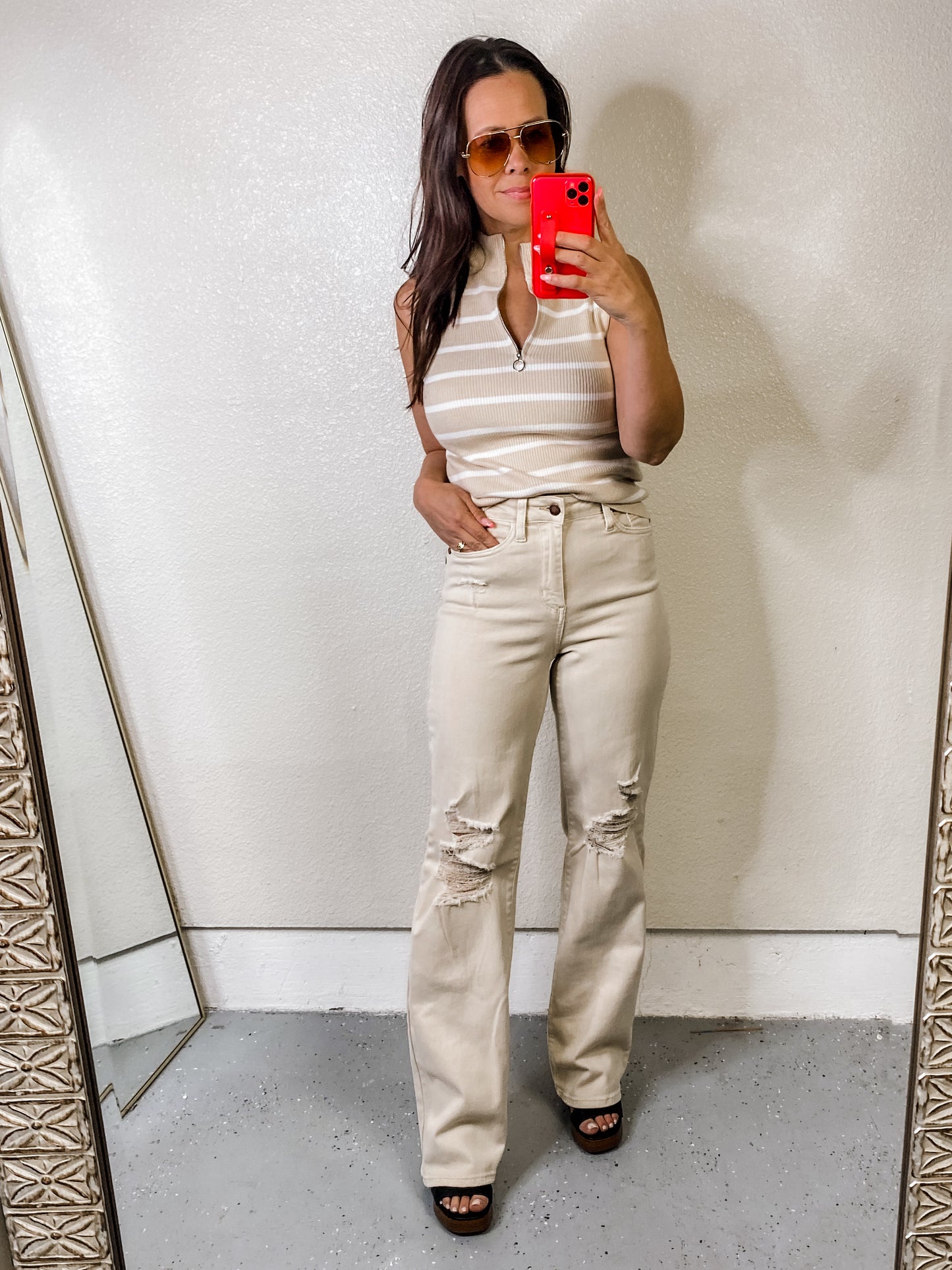 Judy Blue High Waist Distressed Straight Leg Jeans - Bone