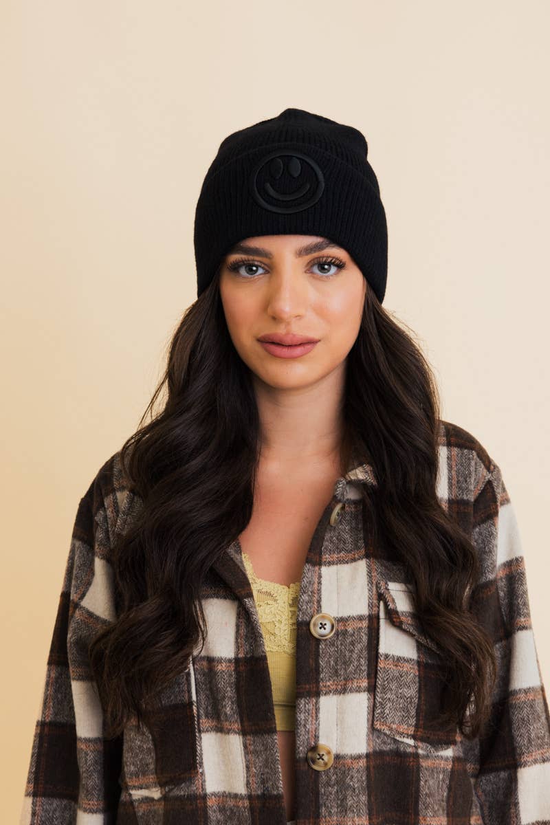 Smiley Face Embroidered Ribbed Knit Beanie: Mustard
