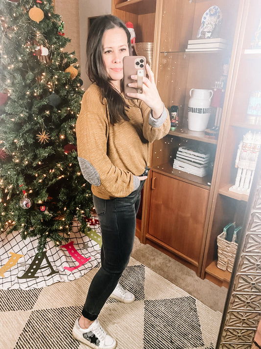 Textured Top with Elbow Patches in Camel