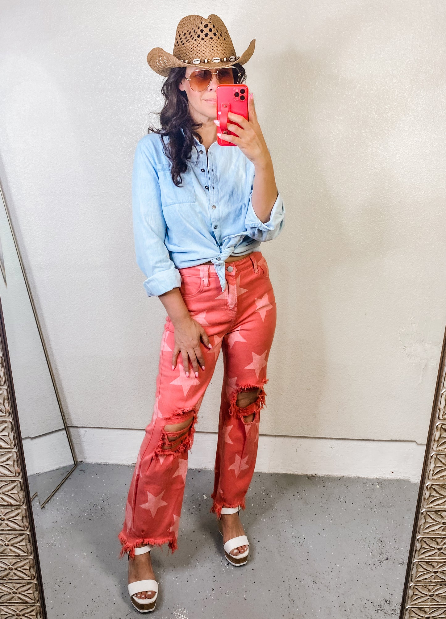 RISEN Distressed Raw Hem Star Pattern Jeans