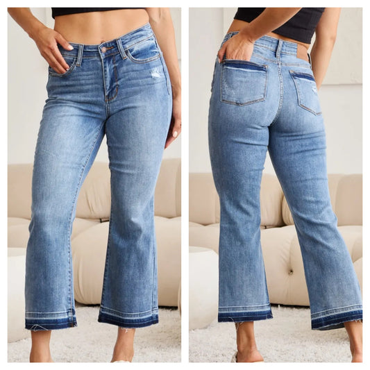 Judy Blue Mid Rise Release Hem Cropped Bootcut Jeans