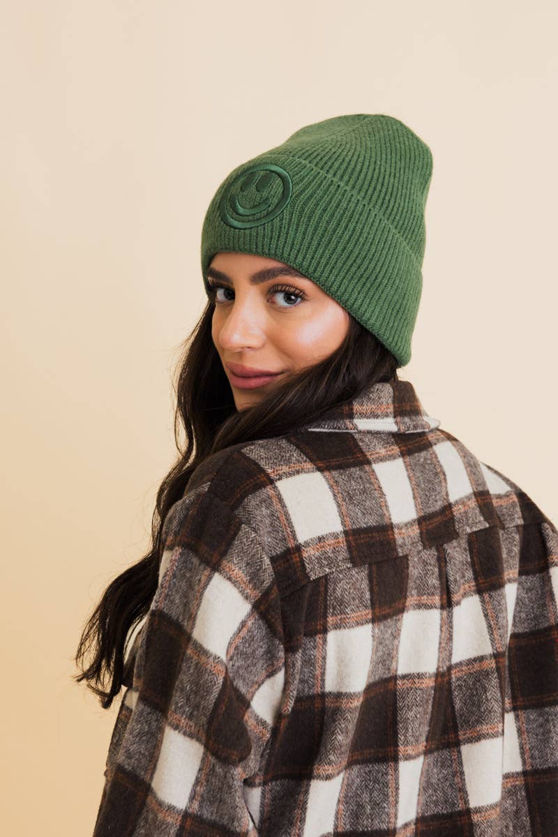 Smiley Face Embroidered Ribbed Knit Beanie: Mustard