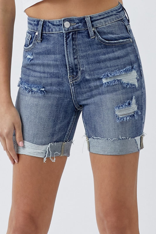 RISEN Distressed Mid Thigh Denim Shorts