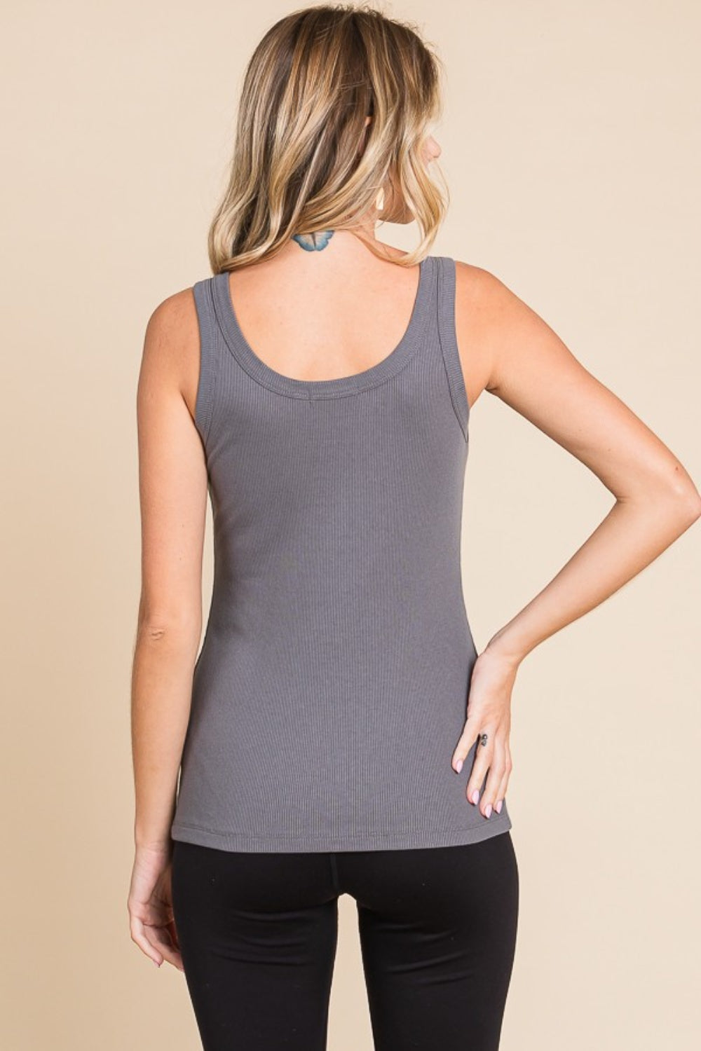Ribbed Scoop Neck Tank - Charcoal
