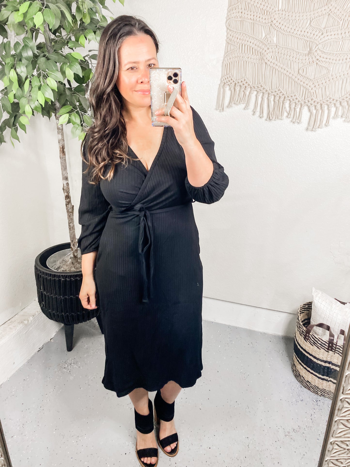 Classic Wide Ribbed Faux Wrap Dress