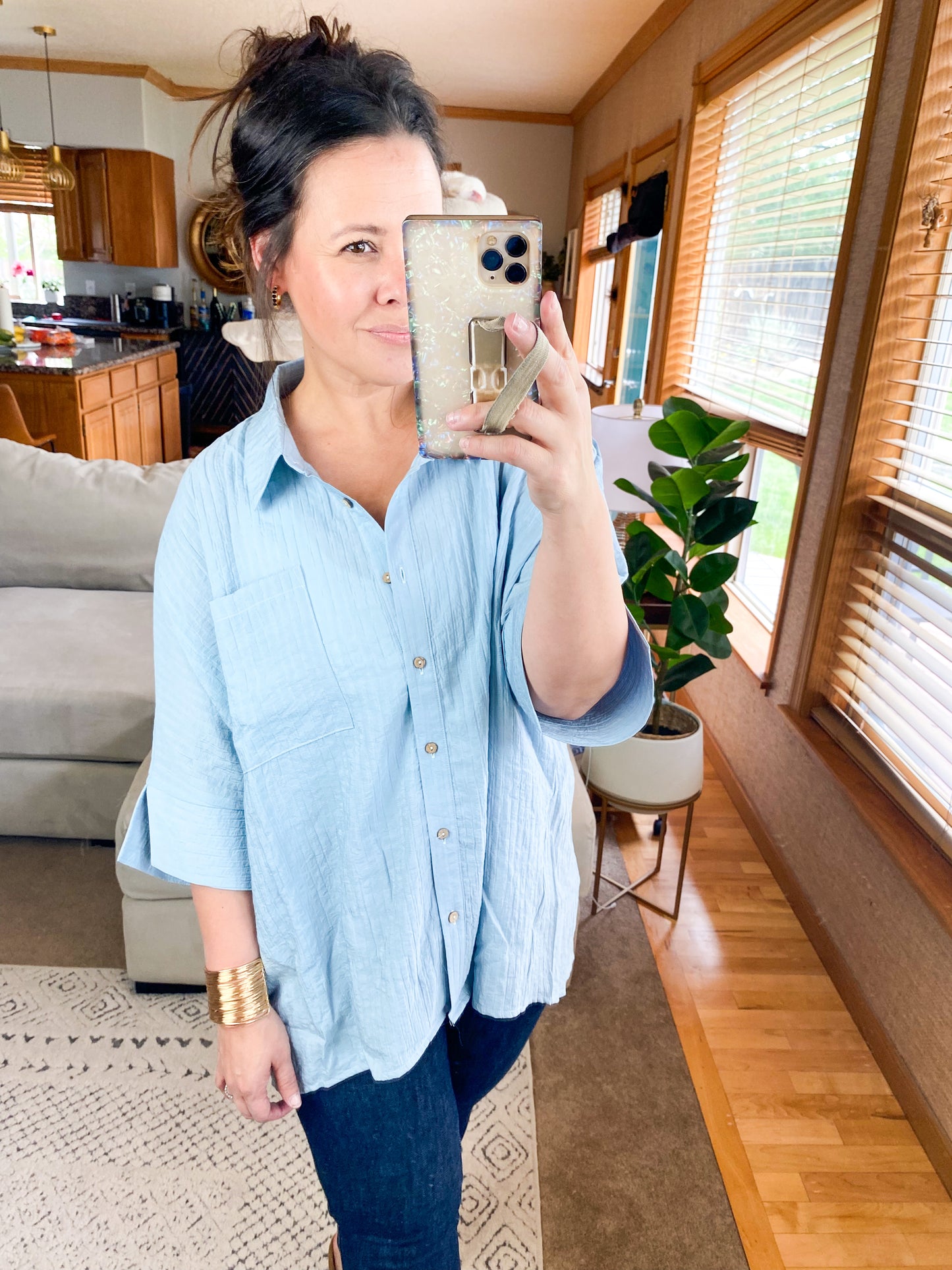 Pleated Batwing Short Sleeve Button Up Top - Multiple Colors