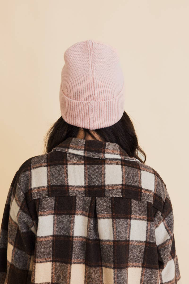 Smiley Face Embroidered Ribbed Knit Beanie: Mustard