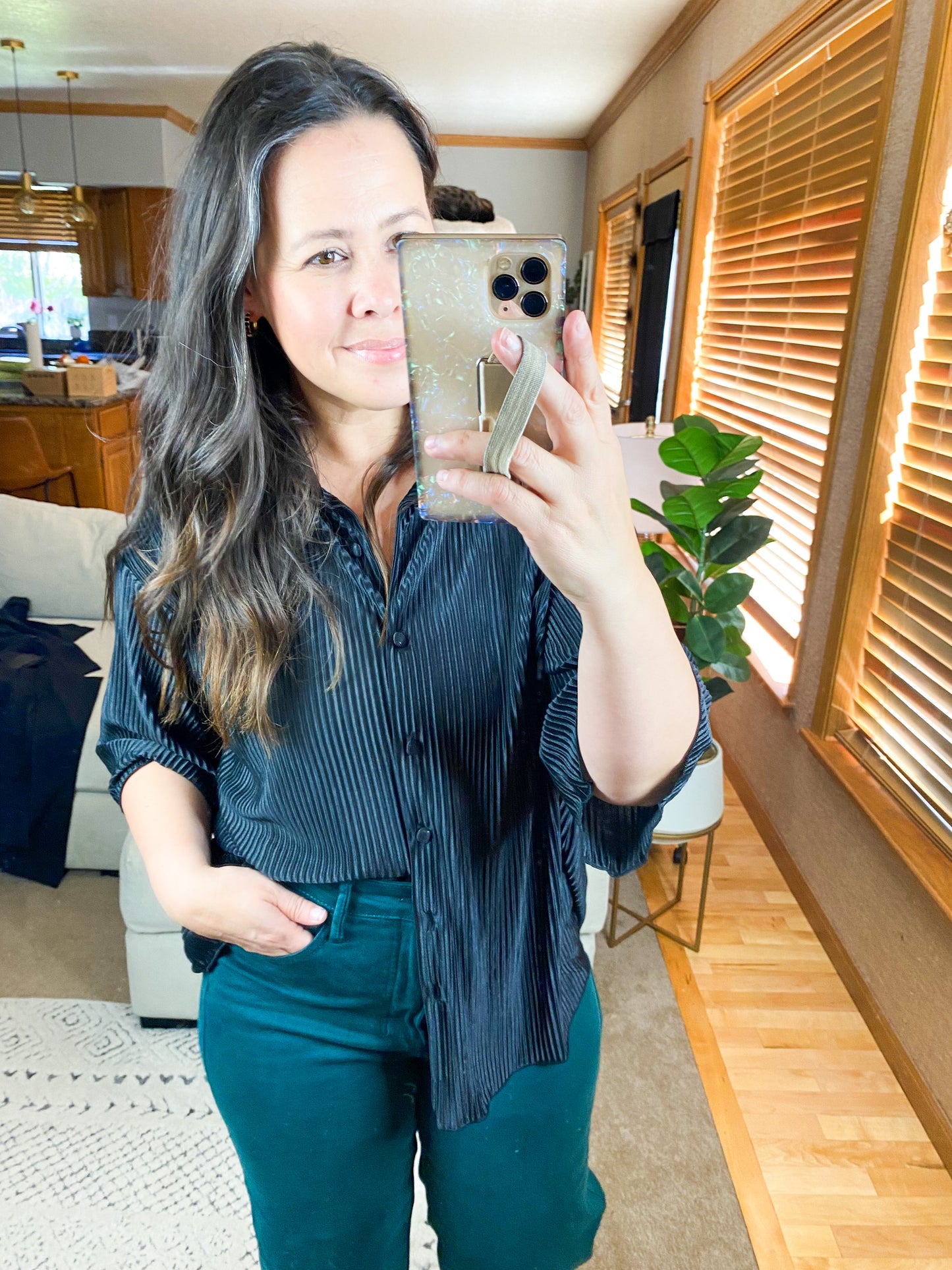 Pleated Button Down Top And Shorts Set in Black