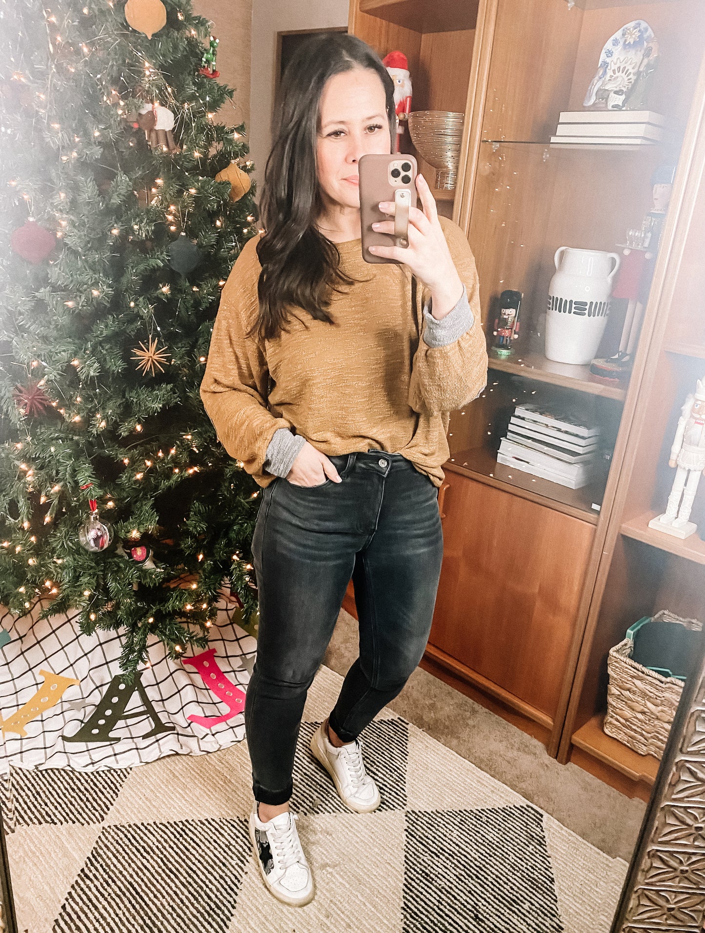 Textured Top with Elbow Patches in Camel