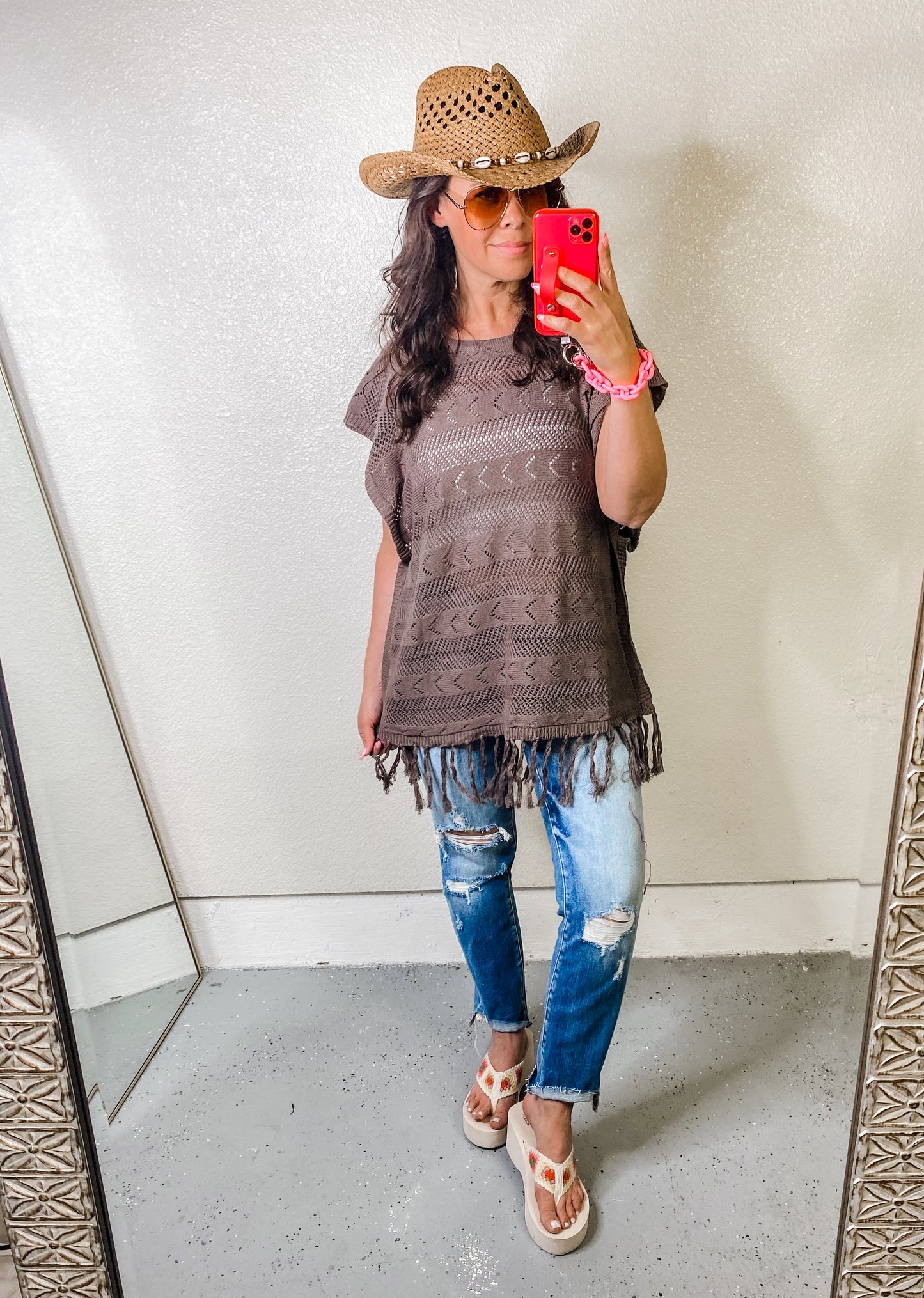 Fringed Hem Short Sleeve Knit Top