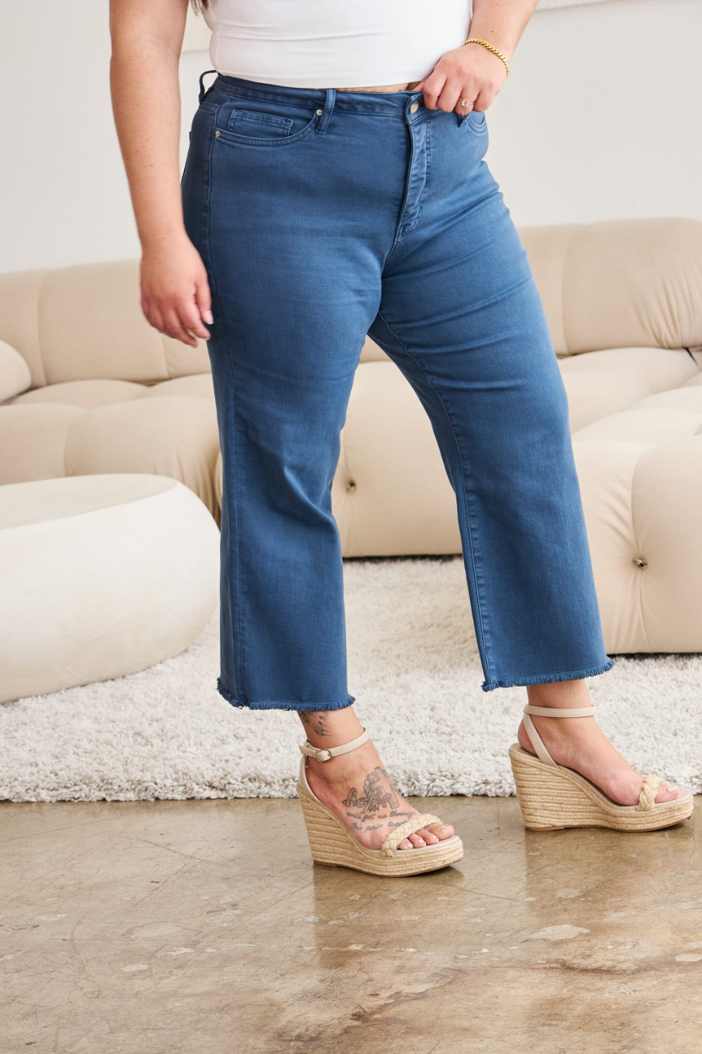 RFM Tummy Control Cropped Wide Leg Jeans - Blue Slate