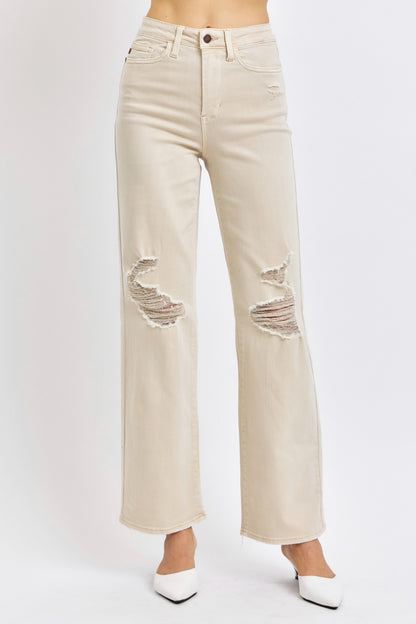Judy Blue High Waist Distressed Straight Leg Jeans - Bone