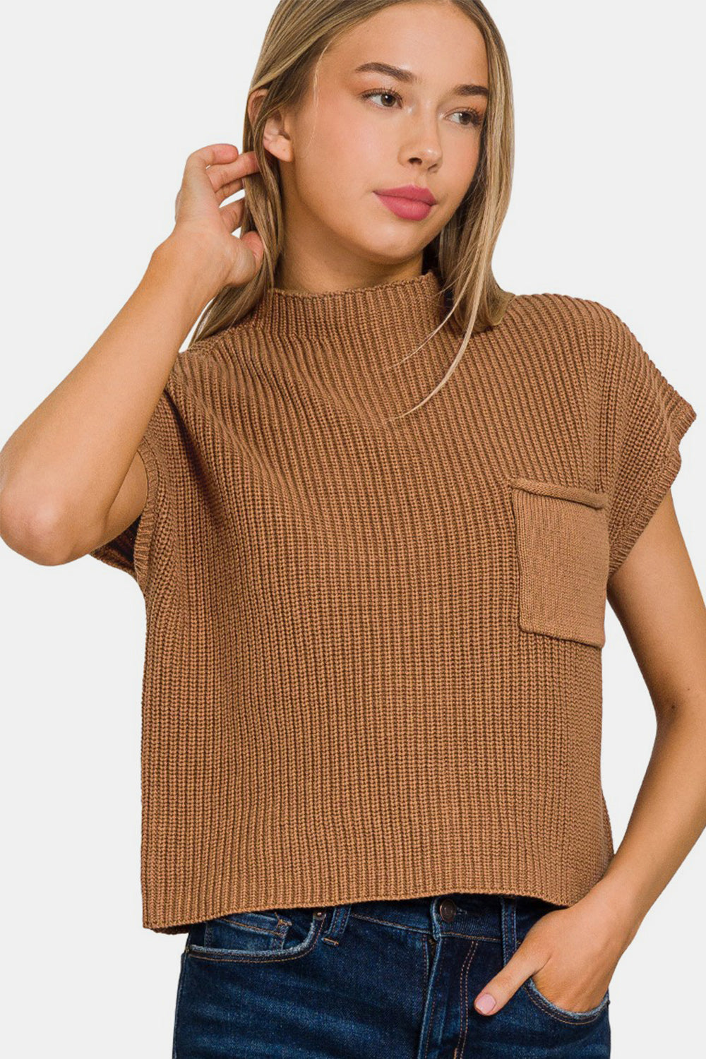 Mock Neck Short Sleeve Cropped Sweater - Camel