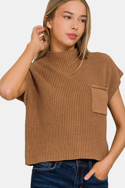 Mock Neck Short Sleeve Cropped Sweater - Camel