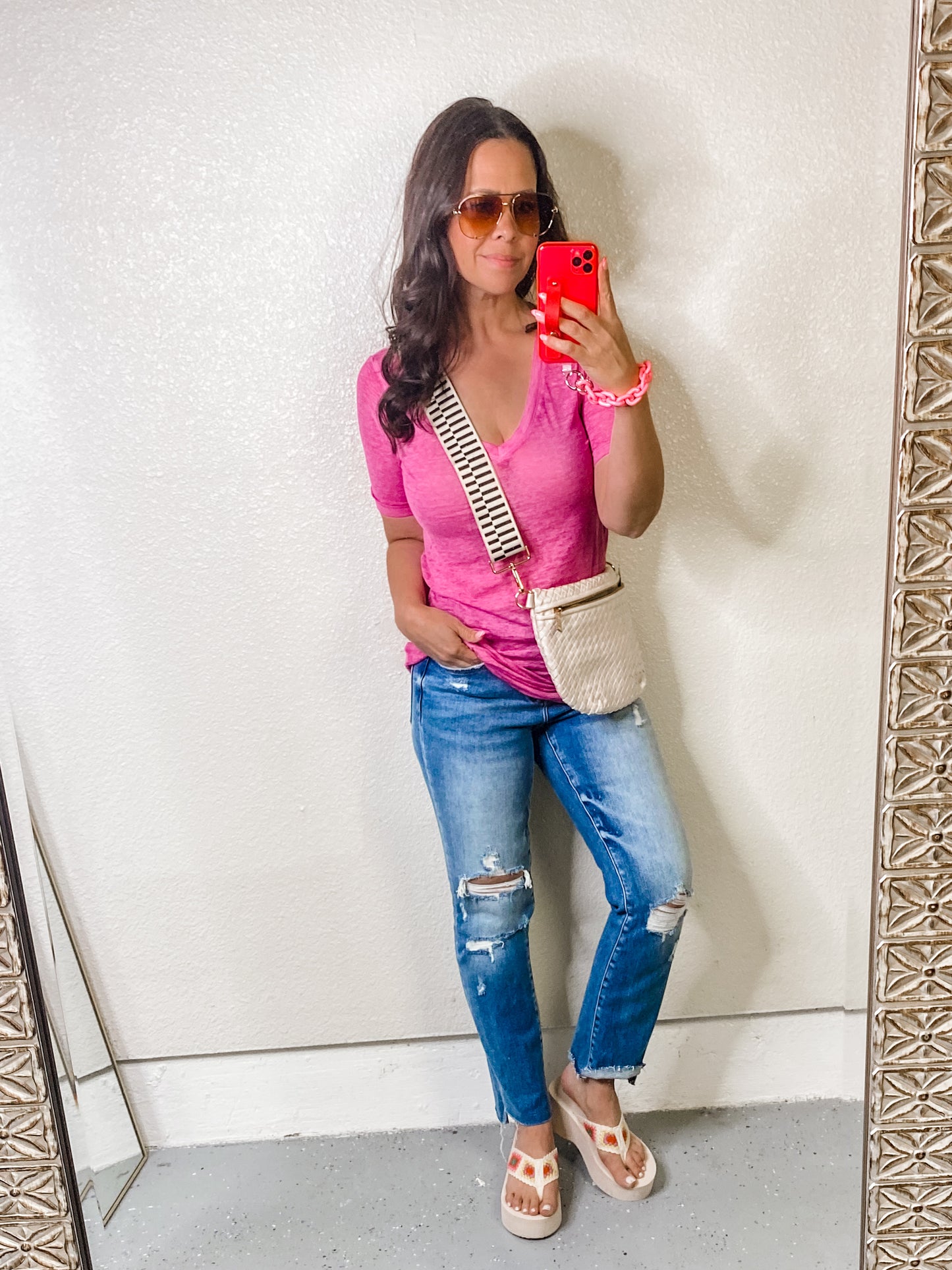 Pink V-Neck Short Sleeve T-Shirt