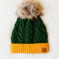 Green & Gold Trim Cable Knit Pom Hat