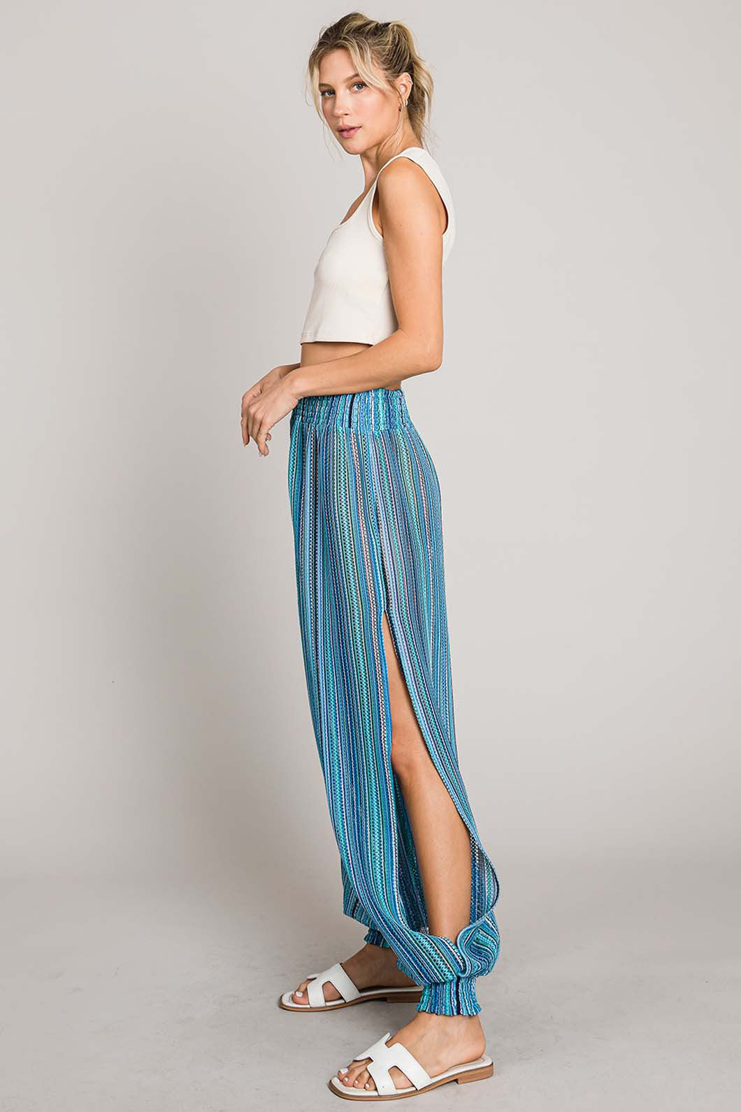 Striped Smocked Cover Up Pants - Aqua
