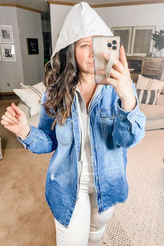 Jordan Hooded Denim Shacket in Light Wash