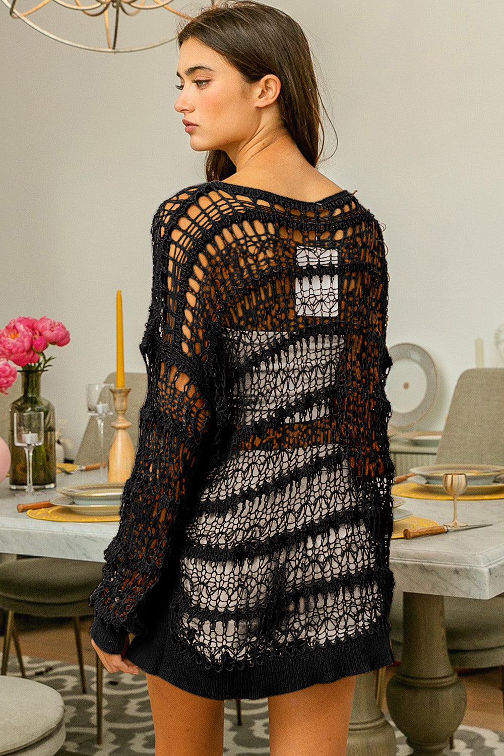 Long Sleeve Knit Cover Up - Black