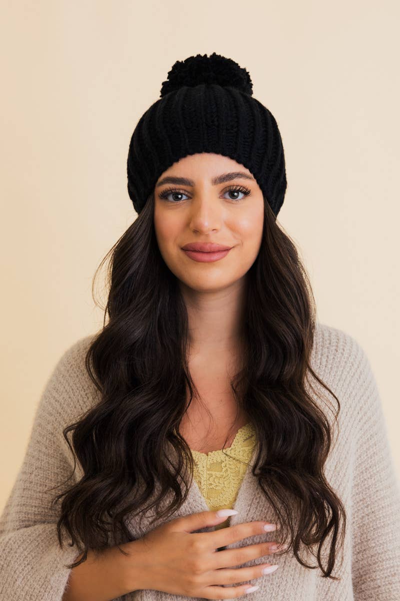 Chunky Cable Knit Pom Beanie: Ivory