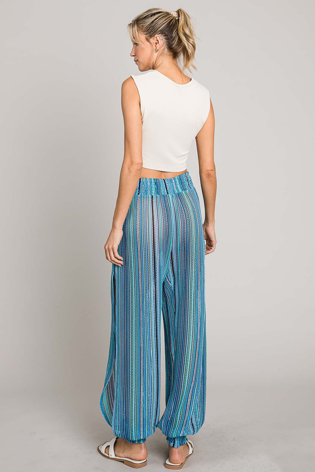 Striped Smocked Cover Up Pants - Aqua