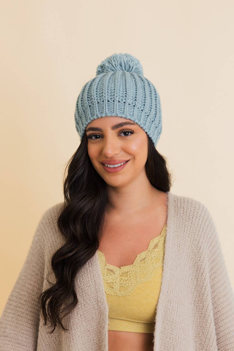Chunky Cable Knit Pom Beanie: Ivory