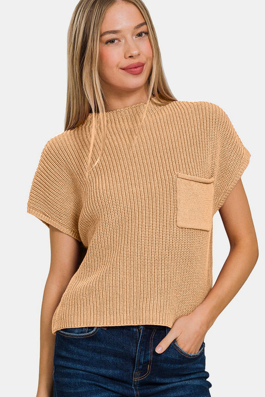 Mock Neck Short Sleeve Cropped Sweater - Tan