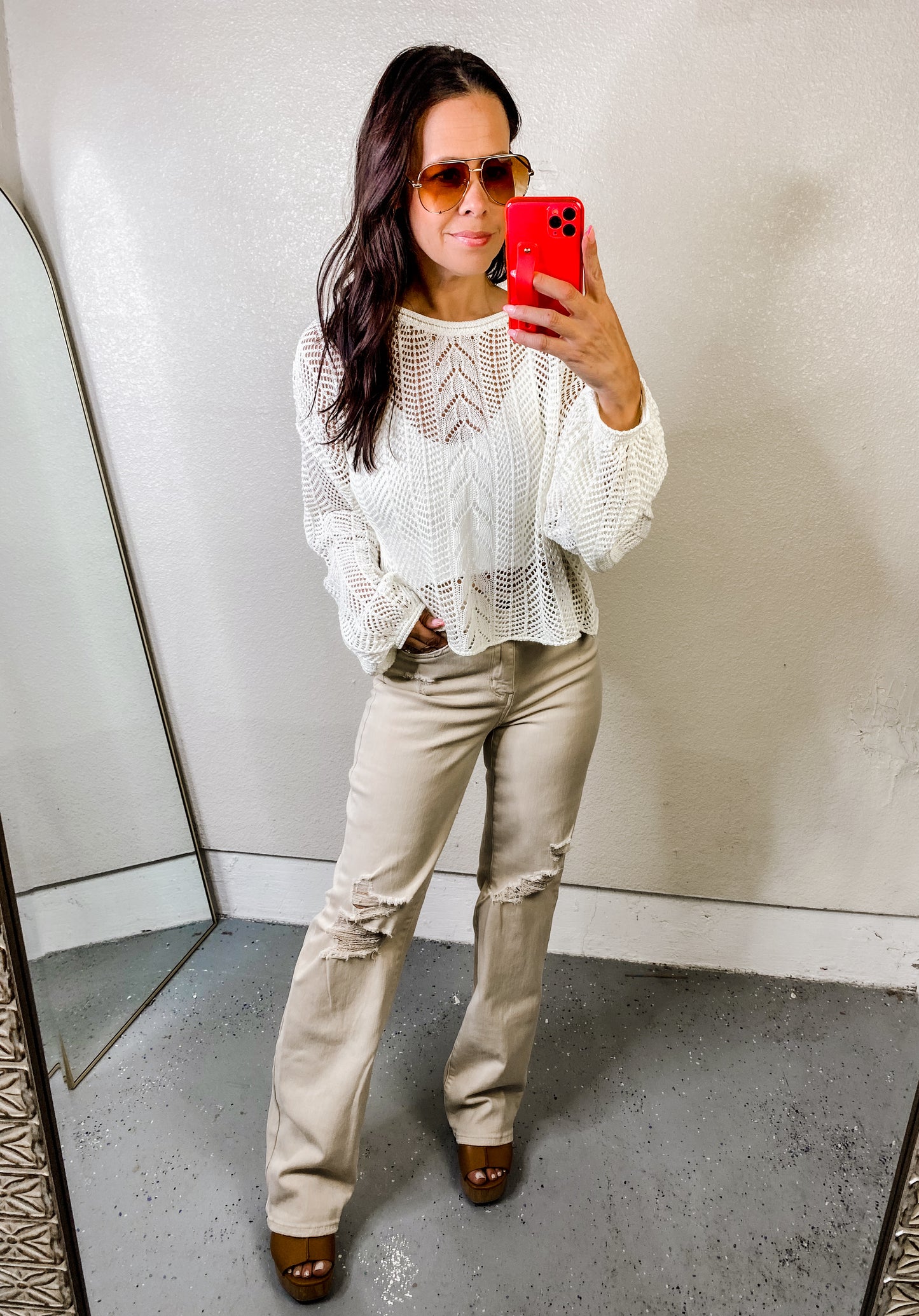 Judy Blue High Waist Distressed Straight Leg Jeans - Bone
