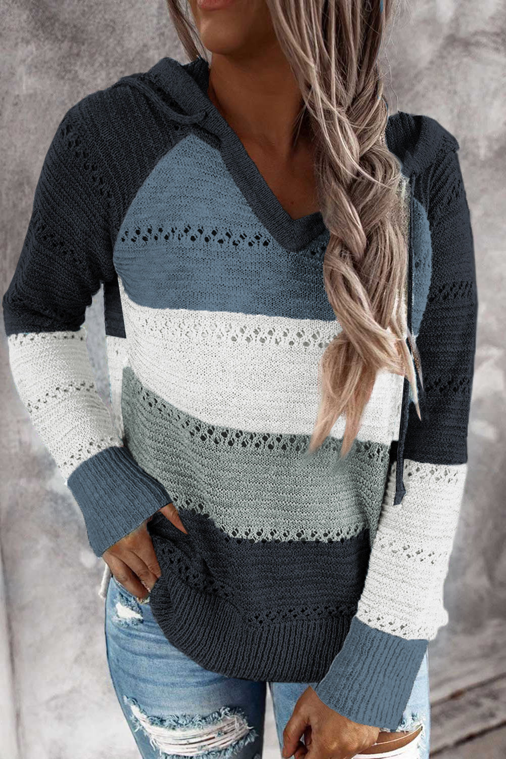 Color Block Knitted Hoodie - Multiple Colors Available