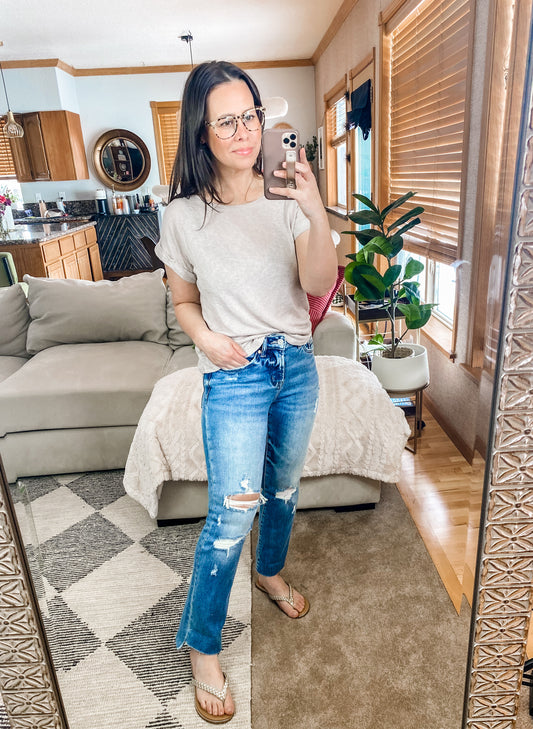 BAYEAS Mid Rise Distressed Ripped Straight Jeans