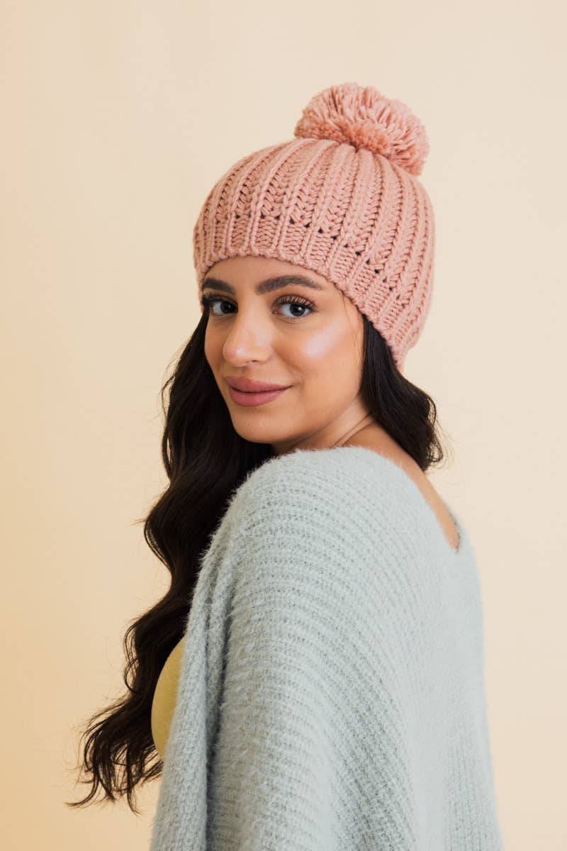 Chunky Cable Knit Pom Beanie: Ivory
