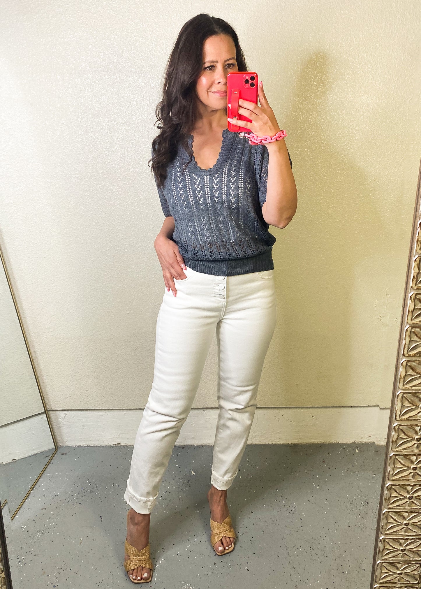 Eyelet Puff Sleeve Knit Top in Charcoal