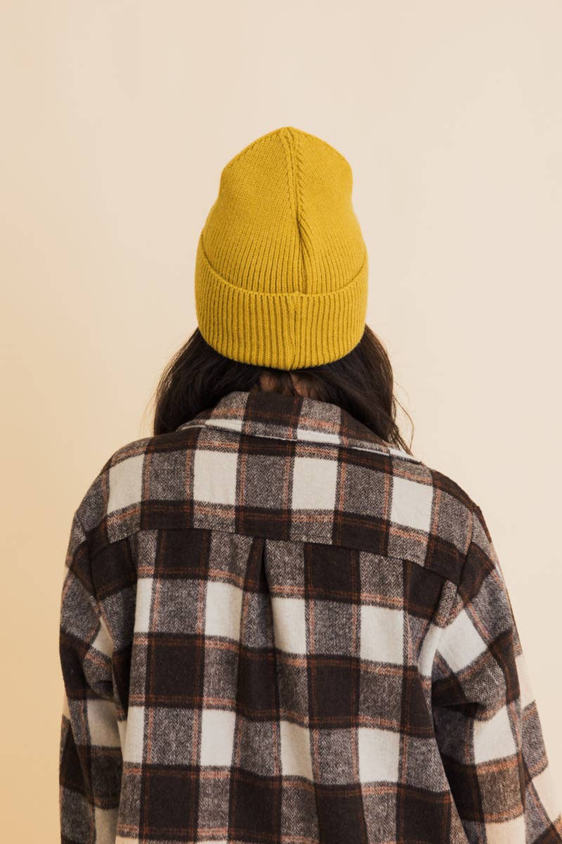 Smiley Face Embroidered Ribbed Knit Beanie: Mustard