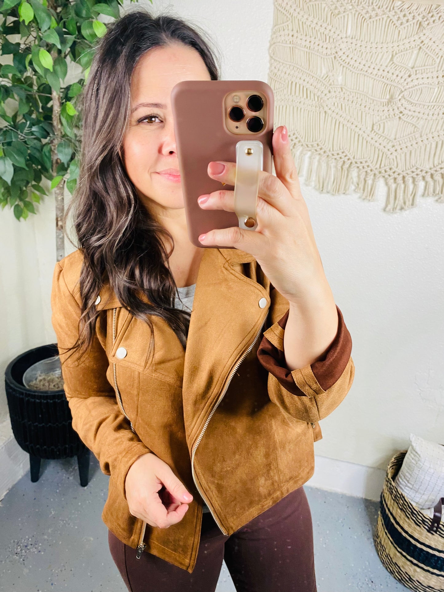 Clara Faux Suede Moto Jacket in Camel