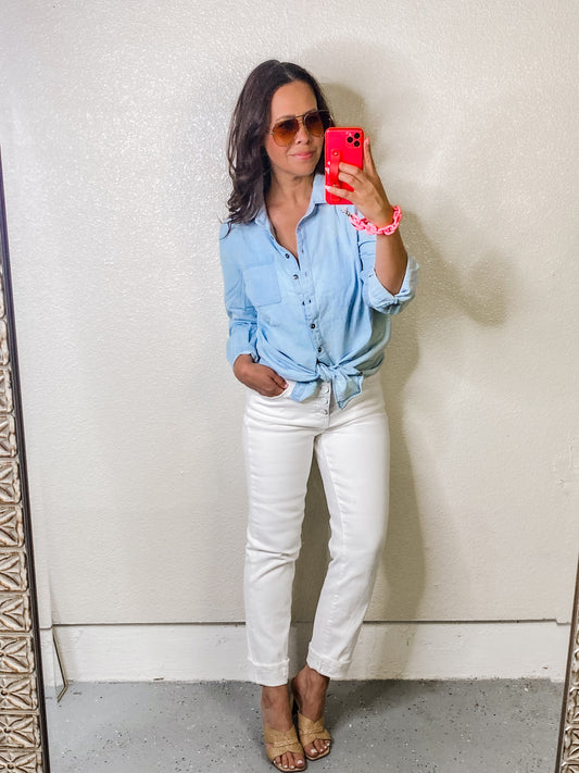 Denim Button Down Shirt Top in Light Blue
