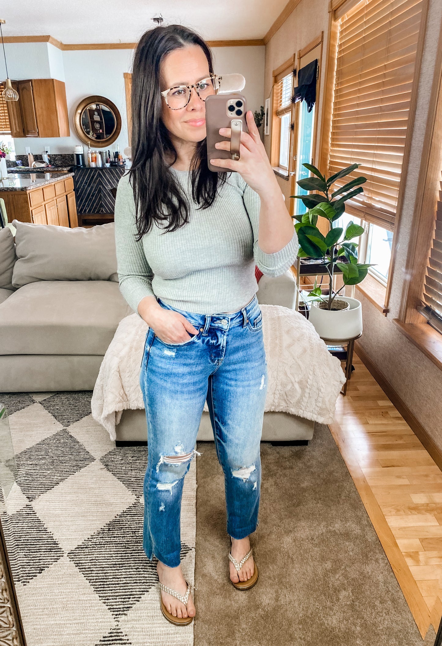 Ribbed Round Neck Long Sleeve Knit Top