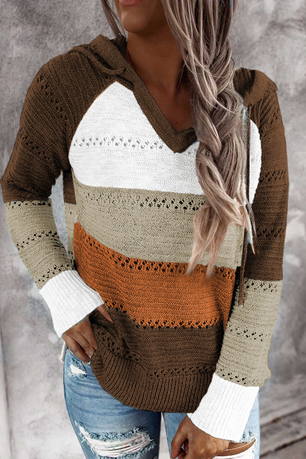 Color Block Knitted Hoodie - Multiple Colors Available