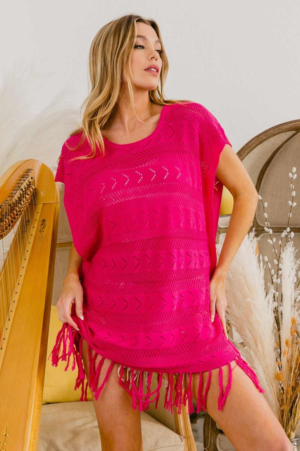 Fringed Hem Knit Top - Fuchsia