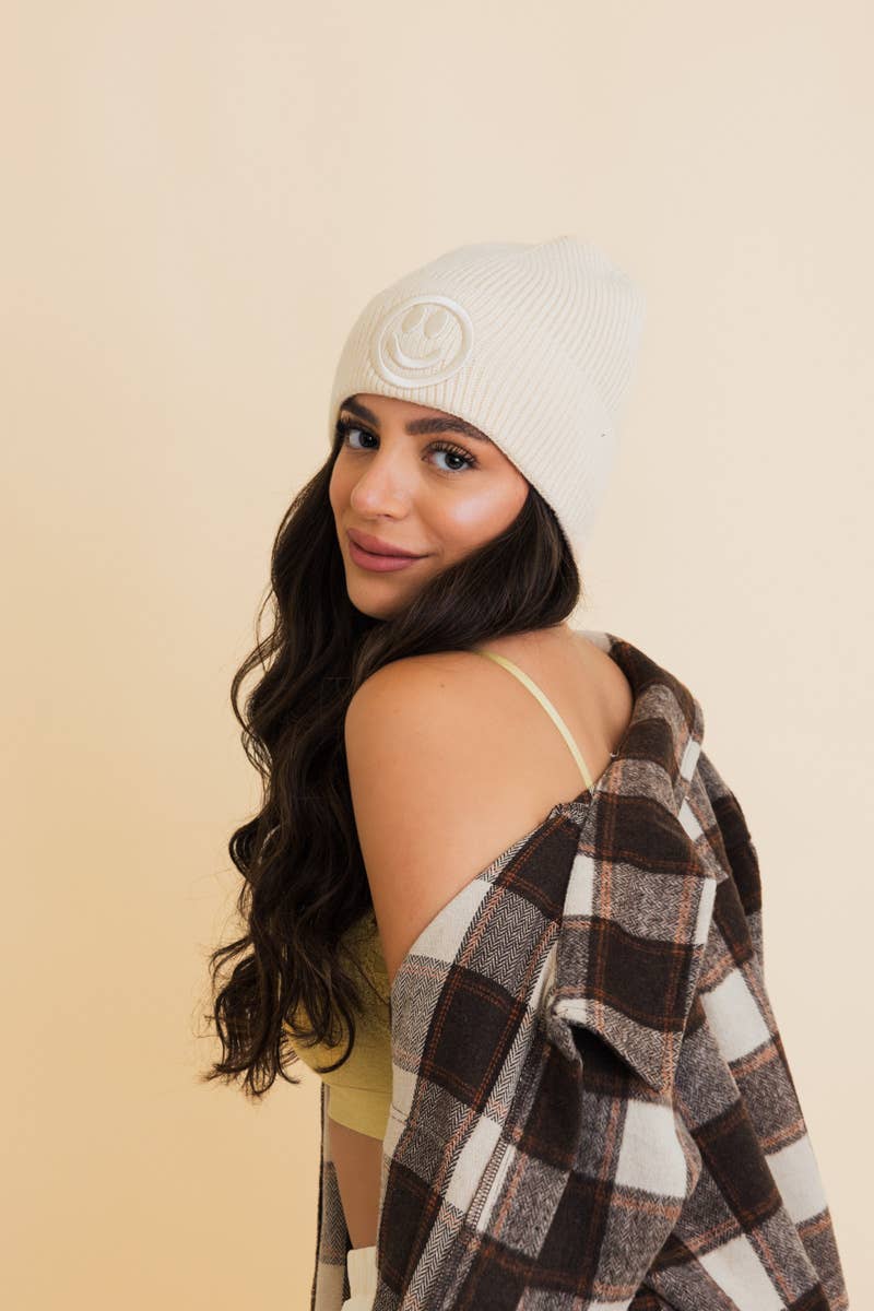 Smiley Face Embroidered Ribbed Knit Beanie: Mustard