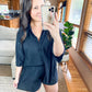 Pleated Button Down Top And Shorts Set in Black