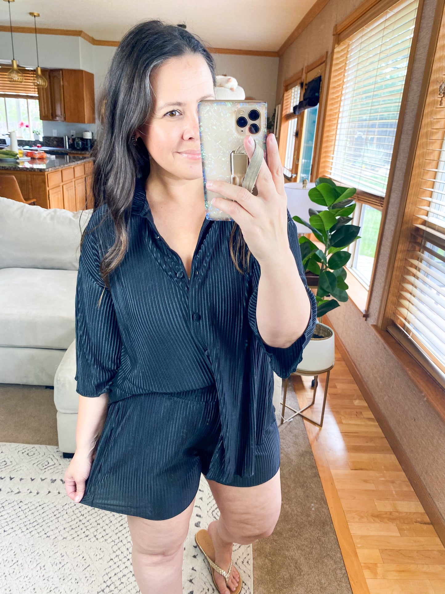 Pleated Button Down Top And Shorts Set in Black