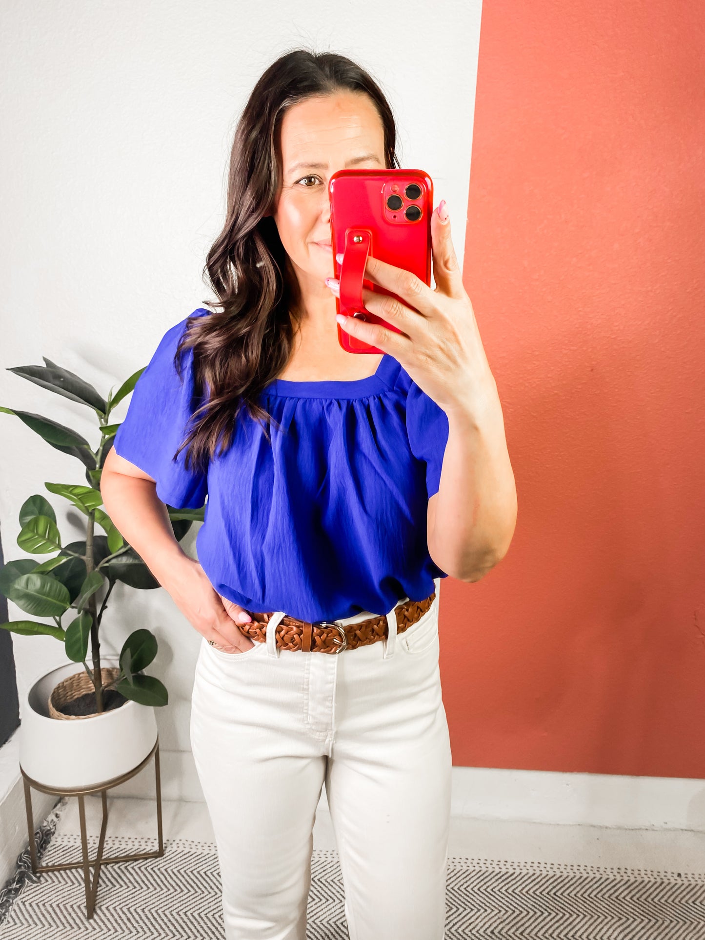 Keep Me Close Square Neck Short Sleeve Blouse in Royal