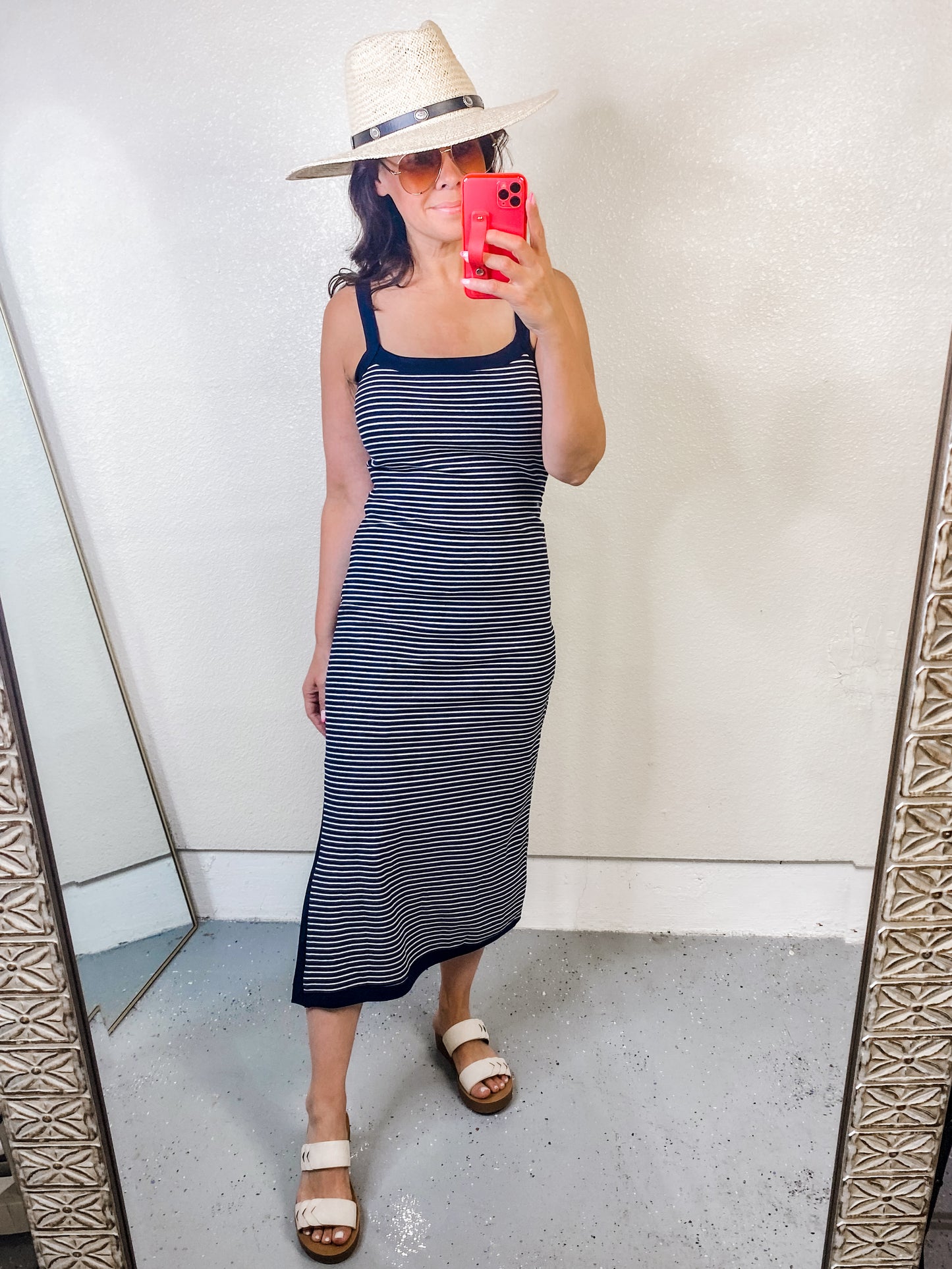 Navy Striped Midi Cami Dress