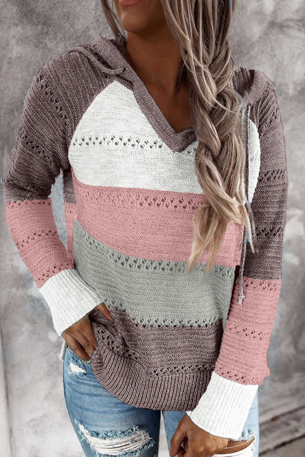Color Block Knitted Hoodie - Multiple Colors Available