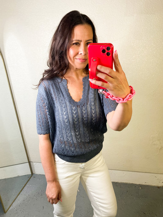 Eyelet Puff Sleeve Knit Top in Charcoal