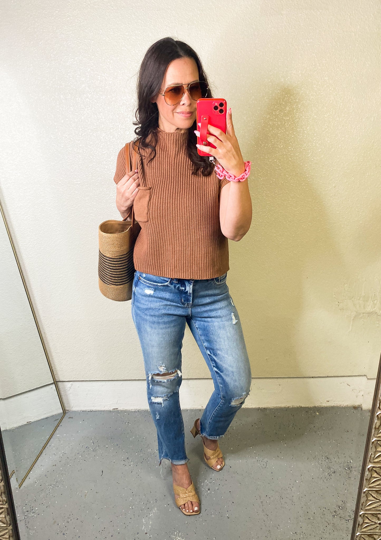 Mock Neck Short Sleeve Cropped Sweater - Camel