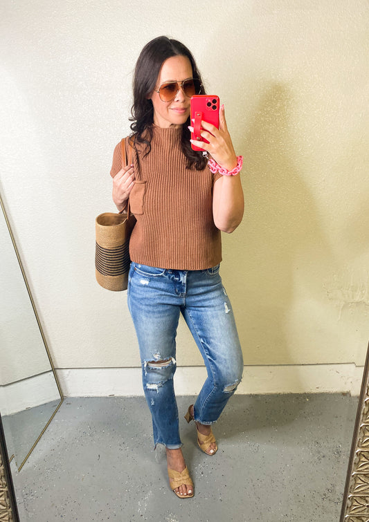 Mock Neck Short Sleeve Cropped Sweater - Camel