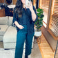 Pleated Button Down Top And Shorts Set in Black